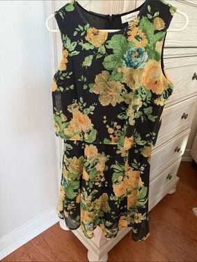 Black Floral Fit & Flare Dress with Yellow and Green Bloom